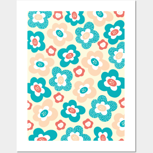 Funky Floral Pattern in Teal, Peach, Yellow and Dark Salmon Posters and Art